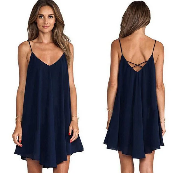Women Chiffon Backless Dress Sling Strap Back Casual Club Party Dresses Summer Mini Vestido Clothes Tunics Fleece cozy