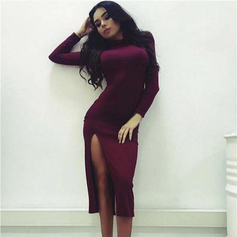 Club Dress Autumn Winter Turtleneck Dresses High Split Bodycon Party Dress Long Sleeve Midi Bandage Dress Vestido Tunics Office stylish