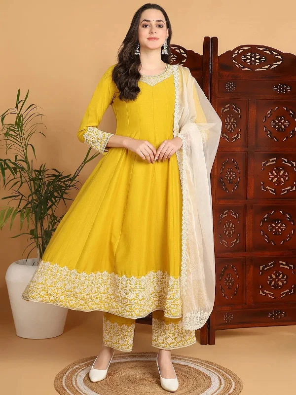 Ahika Women Yellow Silk Blend Embroidered Anarkali Kurta Pant Set With Dupatta-PKSKD2193_S Formal Linen Trousers