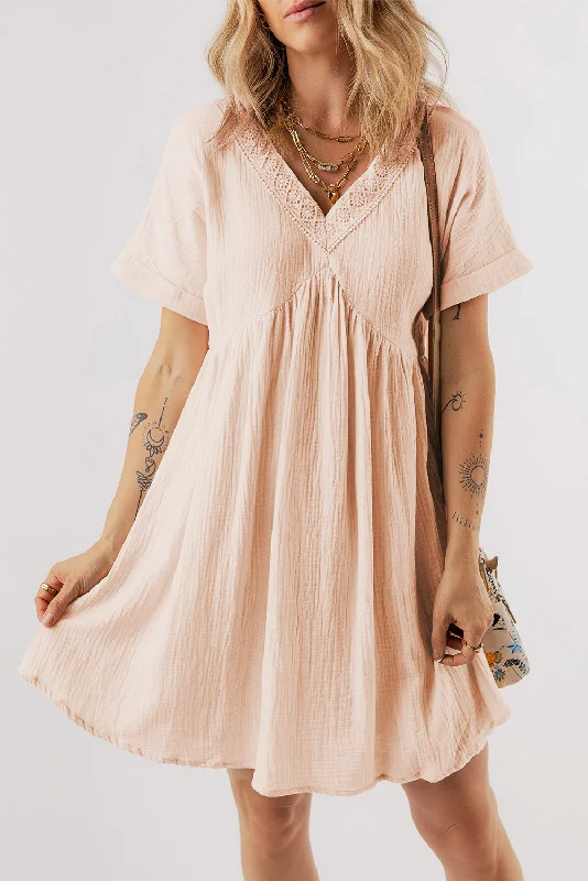 Beige Boho Embroidered V Neck Dress Tunics Office stylish