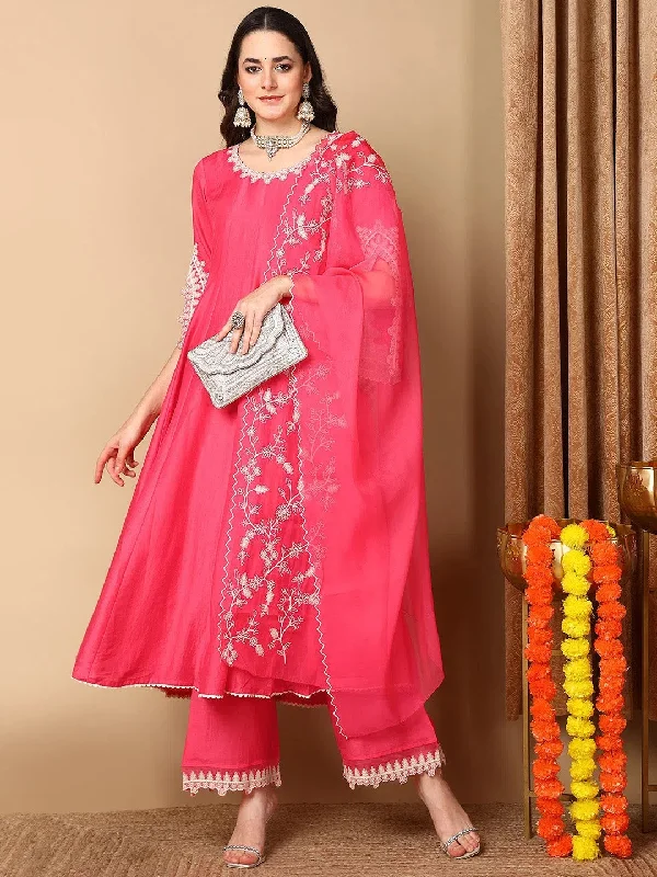 Ahika Women Pink Silk Blend Embroidered Anarkali Kurta Pant Set With Dupatta-PKSKD2071_S Soft Sweatpants Style