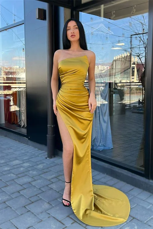 Beautiful Strapless Mermaid Evening Prom Dresses Long Pleated With Slit