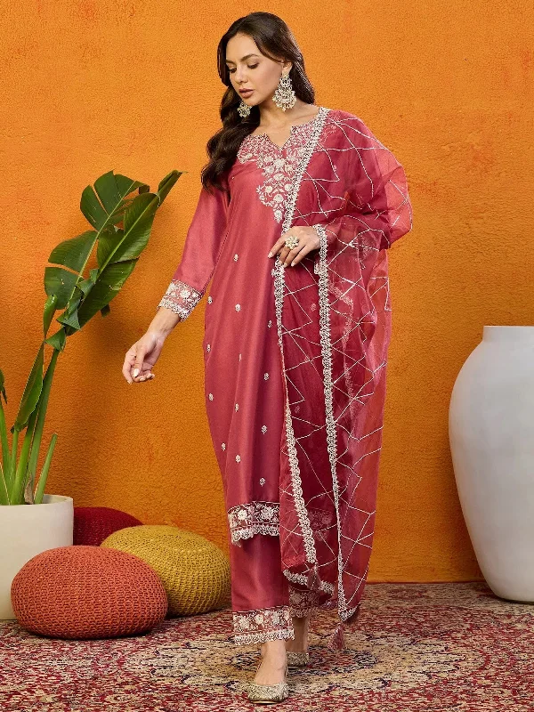 Ahika Women Sea Green Silk Blend Embroidered Straight Kurta Pant Set With Dupatta-PKSKD2444_S High-Waist Trousers