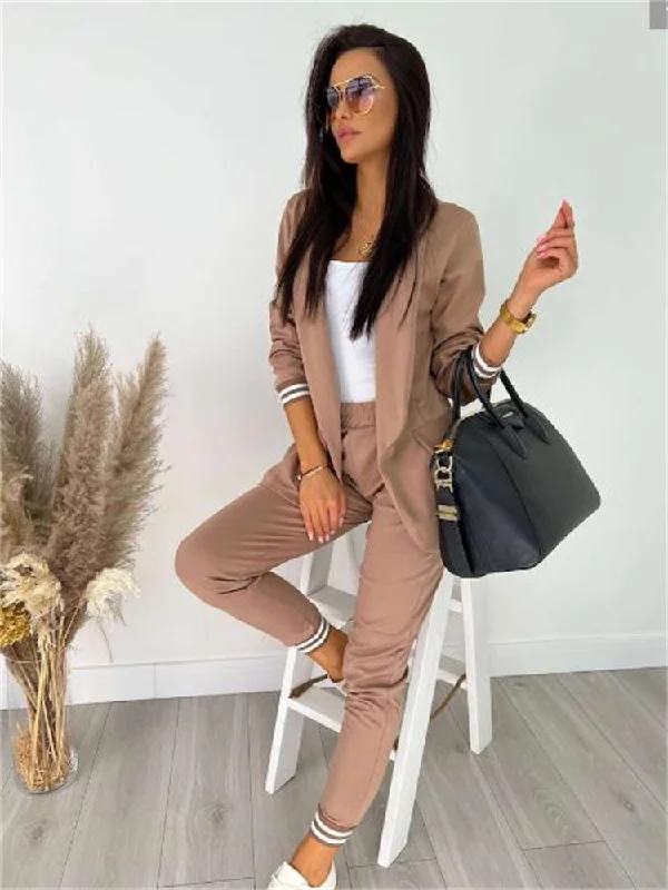 Women Solid Color Long Sleeve Lapel Top And Pants Casual Two Piece Set Formal Slim Pants