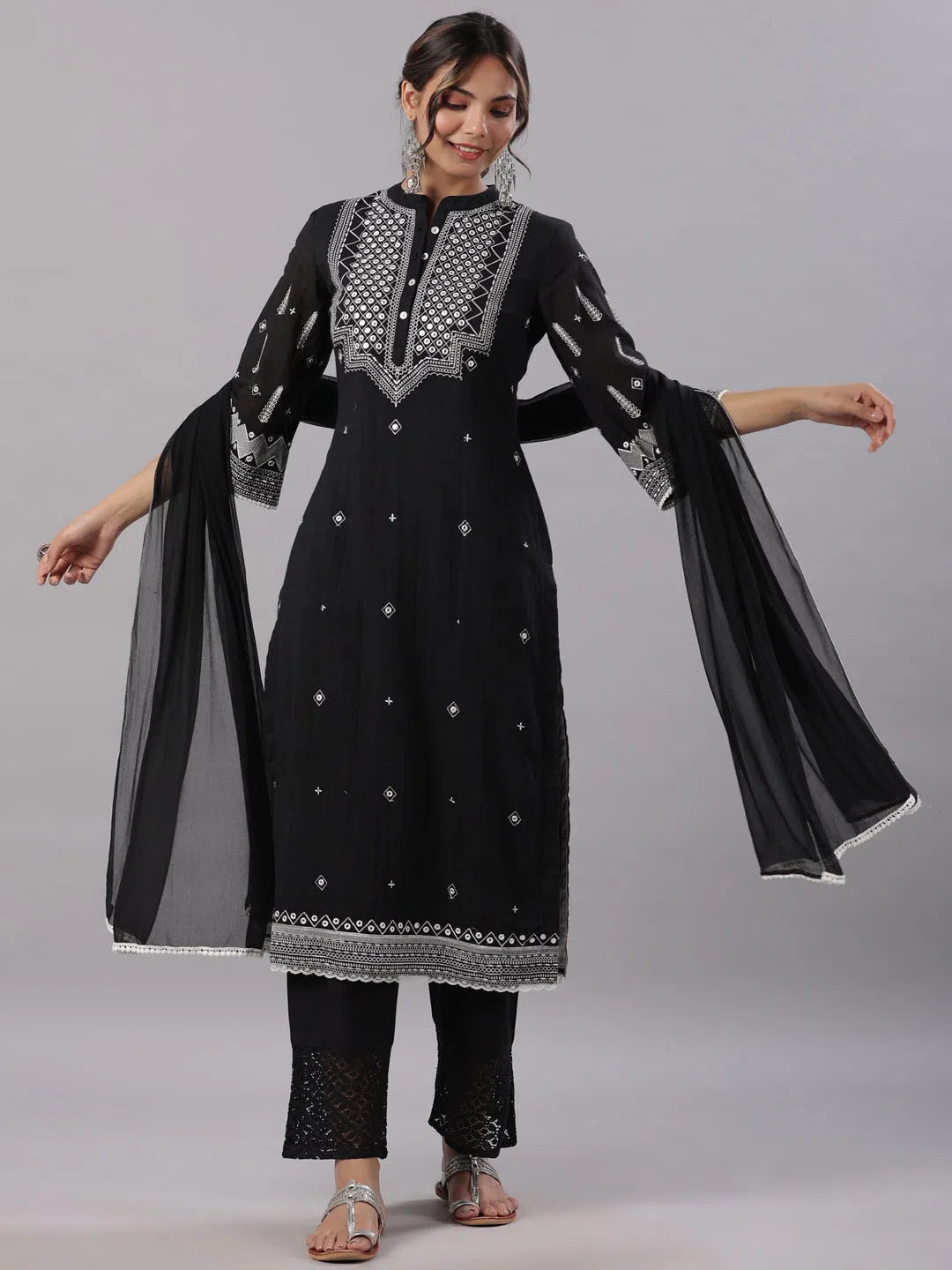 Juniper Women Black Cotton Dobby Embroidered Kurta, Pant & Dupatta Set.-3082SBLACK-S Formal Linen Trousers