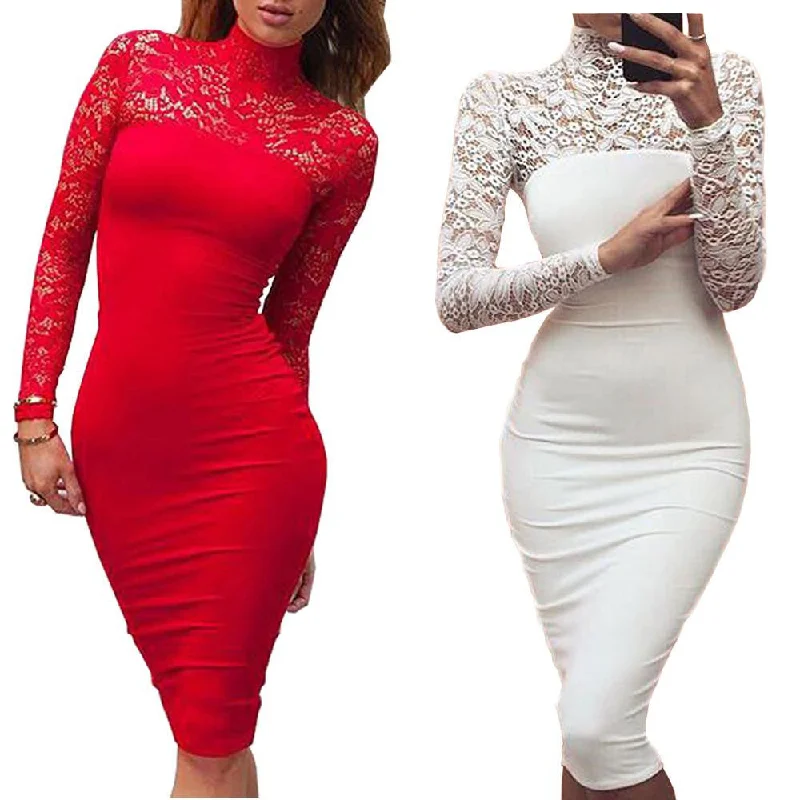 Turtleneck Long Sleeve Lace Midi Club Bandage Bodycon Dress Autumn White Red Black Women Elastic Elegant Party Dresses High-Low Hemline Casual