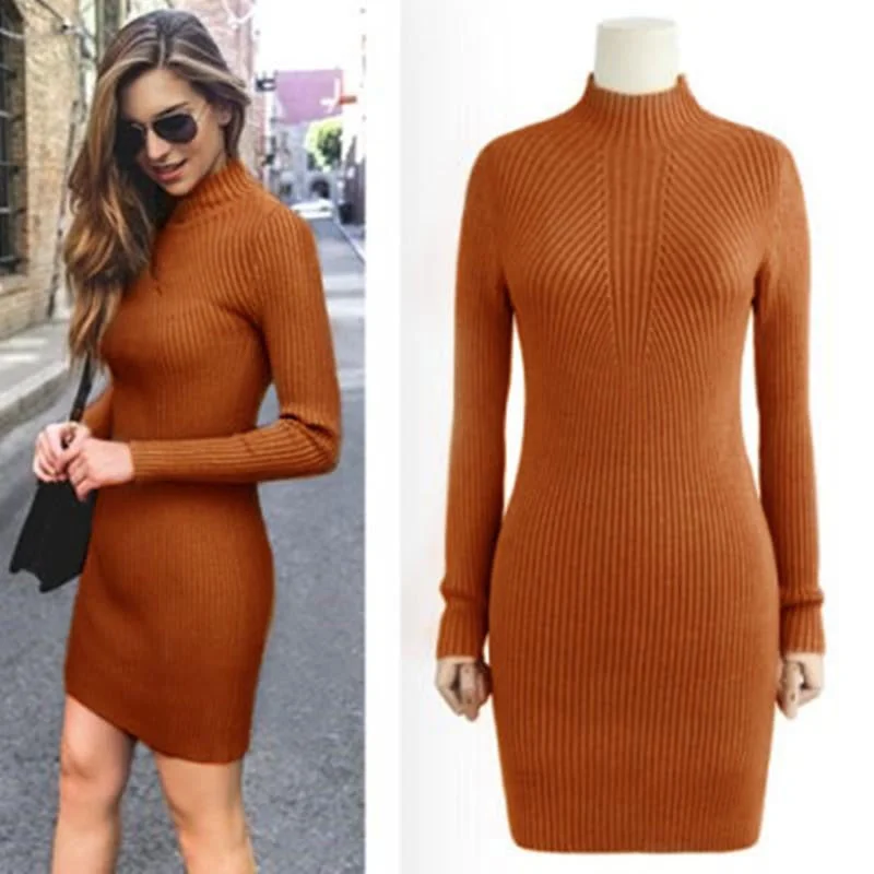 WomenCasual Dress Solid Semi Turtleneck Long Sleeve Thick Warm Bodycon Knitted Party Dress Tunics Short Trendy