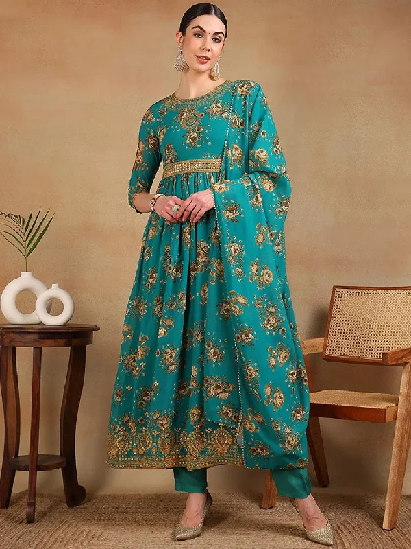 Ahika Women Green Georgette Printed Anarkali Kurta Pant Set With Dupatta Comfortable Jogging Pants