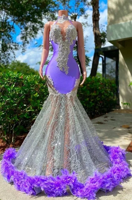 Charming Purple Halter Long Satin Sleeveless Mermaid Prom Dresses with Appliques