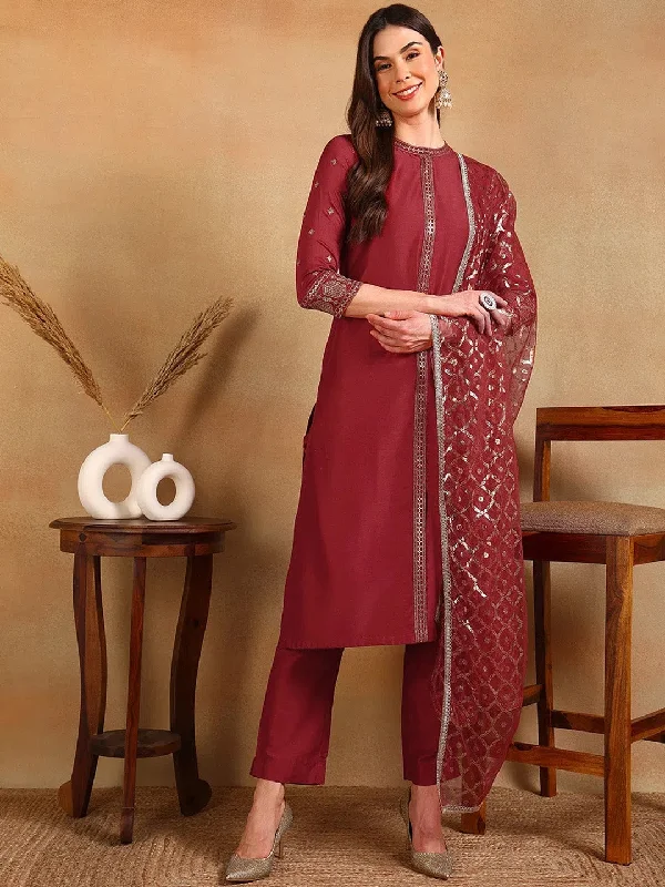 Ahika Women Red Silk Blend Embroidered Straight Kurta Pant Set With Dupatta-PKSKD2373_S Cozy Lounge Pants