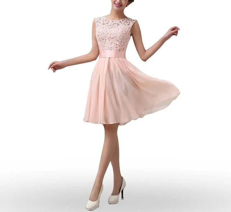Women Dress Sleeveless Elegant Lace Chiffon O Neck Princess Knee Length Party Dresses Tunics Short Trendy