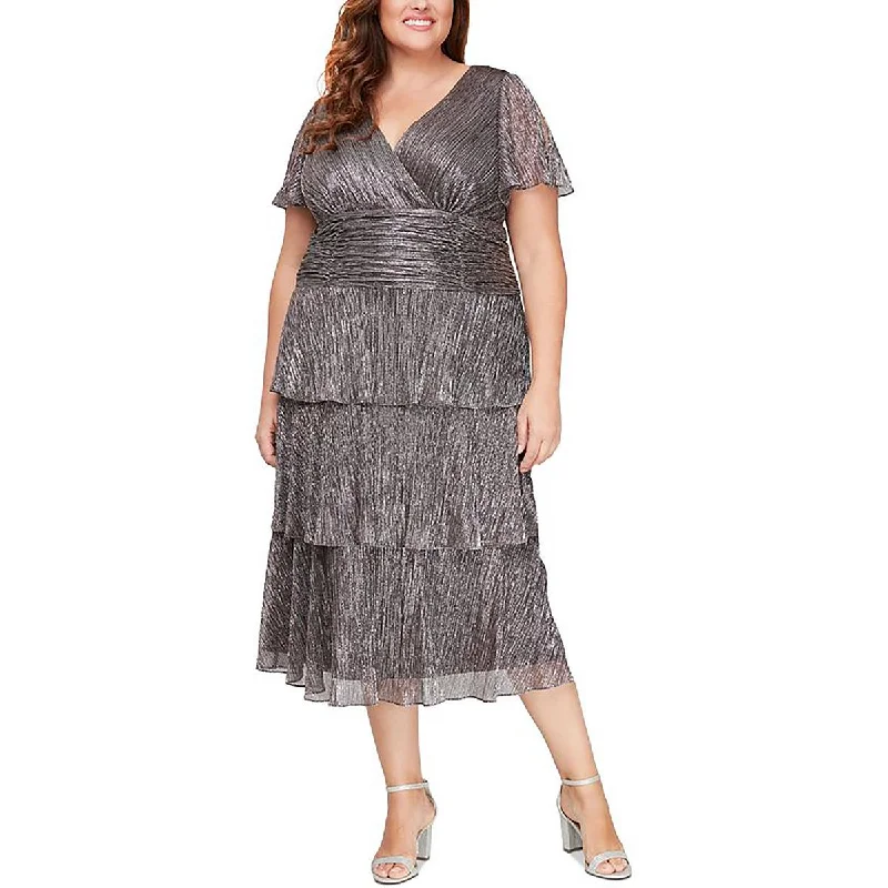 Plus Womens Metallic Midi Cocktail And Party Dress Tunics Velvet soft