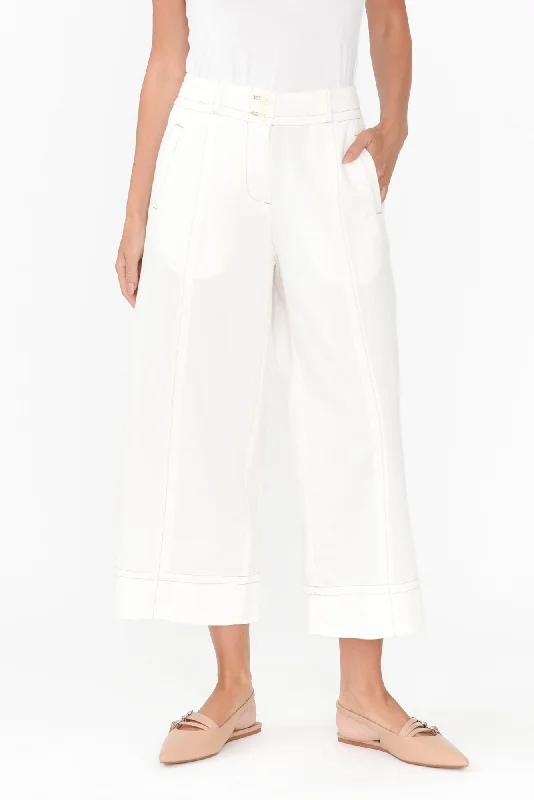 Miley White Cotton Blend Crop Pants Relaxed Fit Trousers