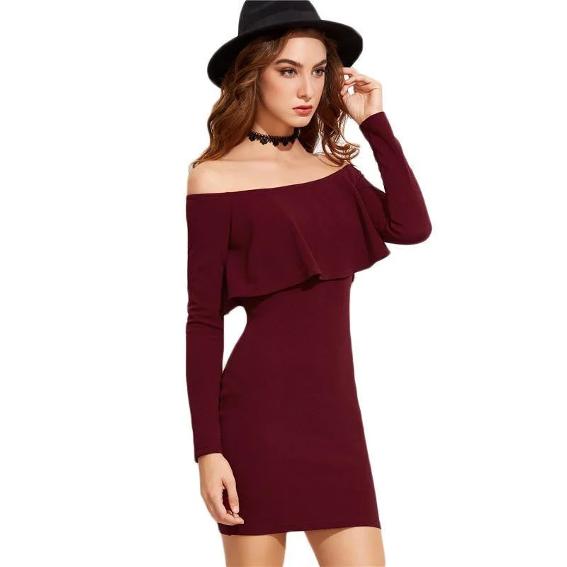 SheIn Autumn Women's Dress Bodycon Burgundy Off The Shoulder Ruffle Mini Party Dresses Long Sleeve Fall Dress Tunics Running lightweight