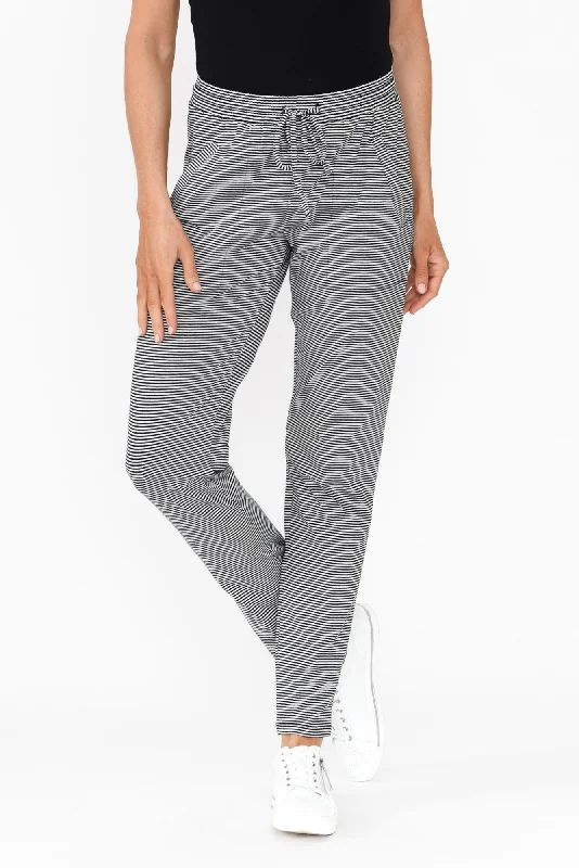 Timmy Black Stripe Cotton Drawstring Pants Comfy Cargo Trousers