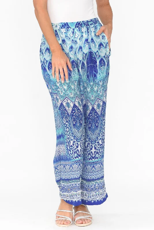 Florence Blue Silk Wide Leg Pants High-Waist Jeans