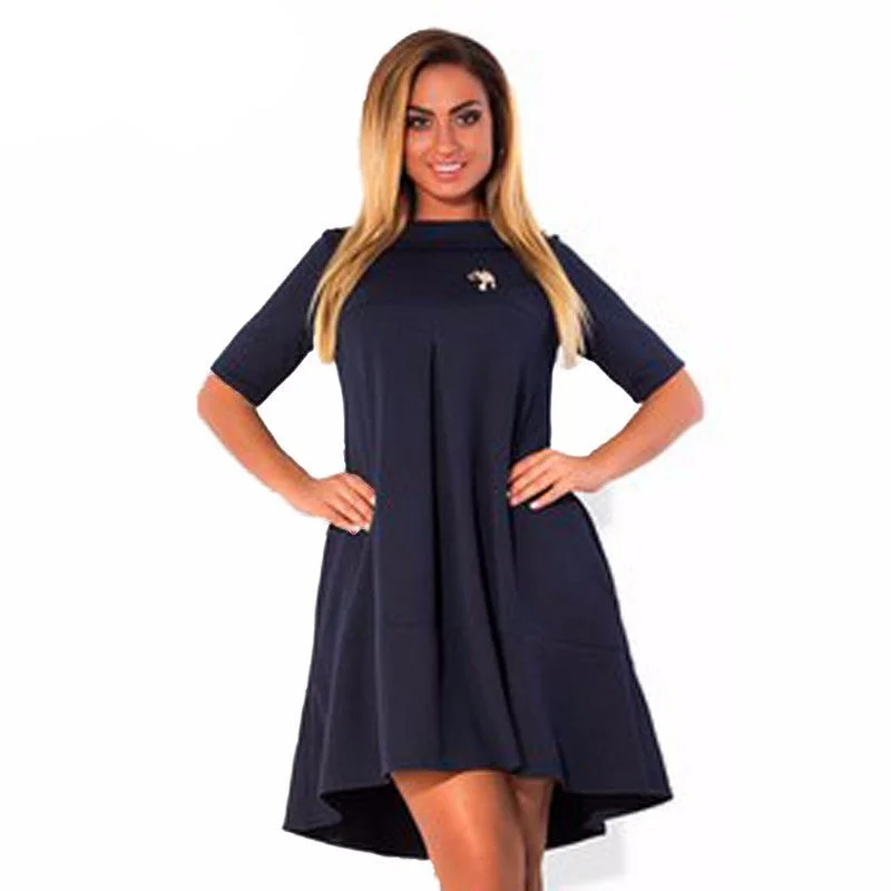 autumn winter women solid cotton elegant blue casual loose collar knee Large rockabilly swing party dress women 6XL plus size Pencil Length Work