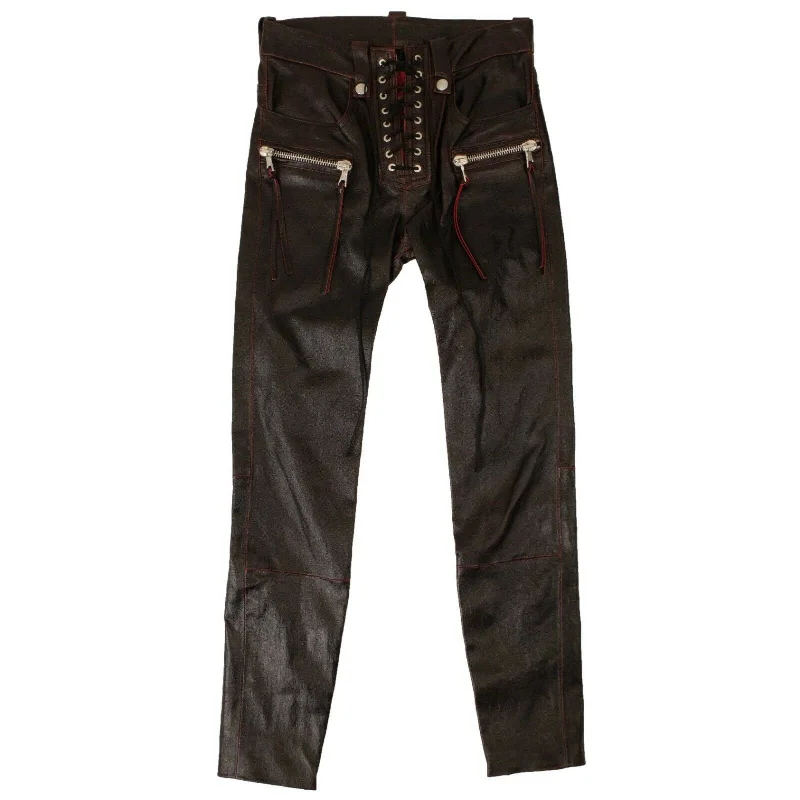 Unravel Project Leather Lace Up Detail Pants - Black/Red Relaxed High-Waist Trousers