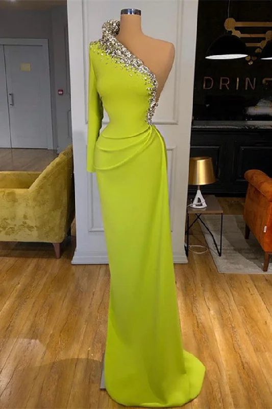 Yellow Green Long Sleeves One Shoulder Evening Prom Dresses Mermaid With Beads