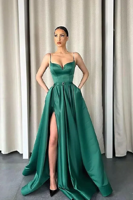 Dark Green Spaghetti-Strapes Slit Evening Dress Long With Pockets