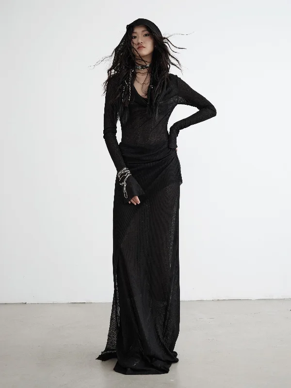 Semi-Sheer Knitted Layered Hooded Dress JNY0130