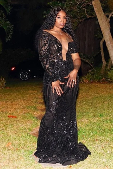 Gorgeous Black One Shoulder Long Sleeve Lace Mermaid Prom Dresses