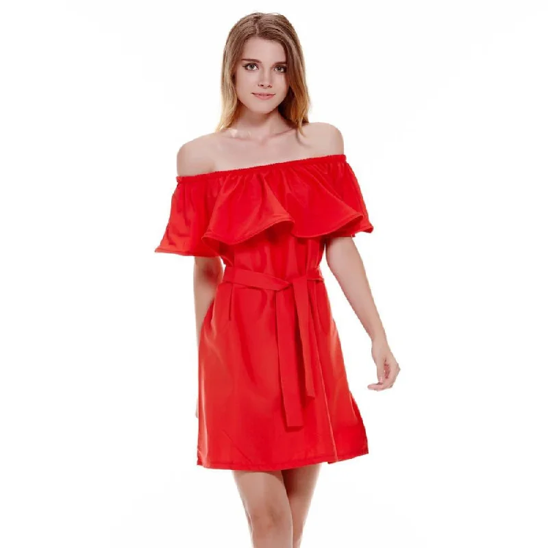 vestidos party dresses Women Off Shoulder Sleeveless Ruffles Fashion Dresses Summer Casual Dress 5Solid Colors Tunics Bridal satin