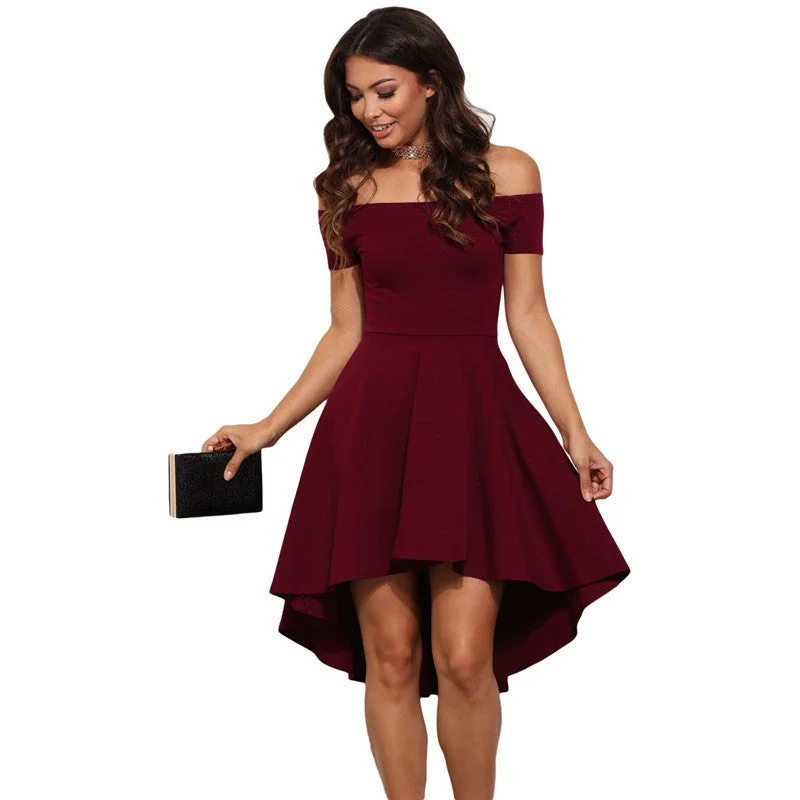 Dear lover Elegant Party Dresses 2017 Burgundy All The Rage Slash Neck Off Shoulder Skater Dress Formal High Low Dresses LC61346 Tunics Cozy soft