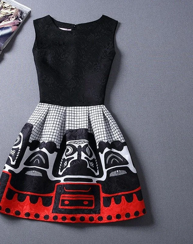 Black Sleeveless Print Party Dresses Ladies Vintage Style sundress female Tunics Practical durable