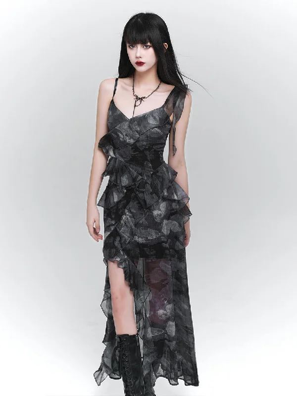 Butterfly Pattern Ruffle Design See-through Dress LAD0077