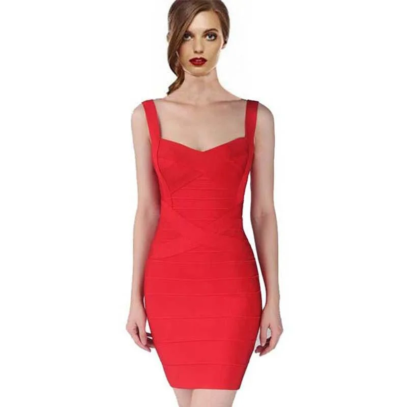 Women Spaghetti Strap Rayon HL Elastic Celebrity Bandage Dress Bodycon Mini Club Party Dresses Square Neckline Feminine