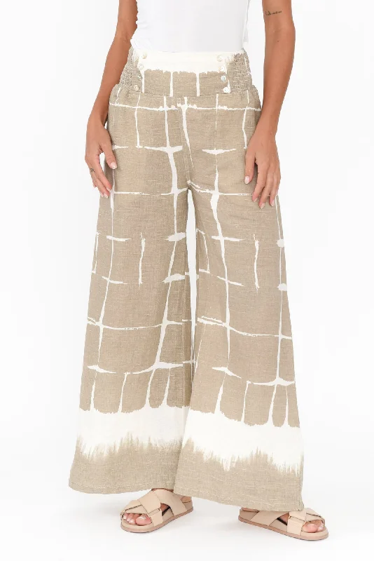 Rayne Mocha Abstract Linen Pants Modern Bootcut Pants