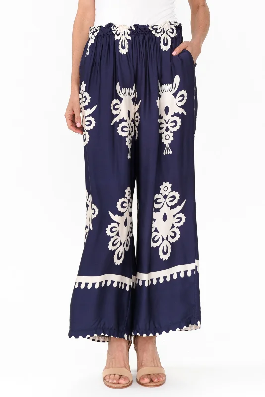 Kestrel Navy Abstract Silk Blend Pants Casual Lounge Pants