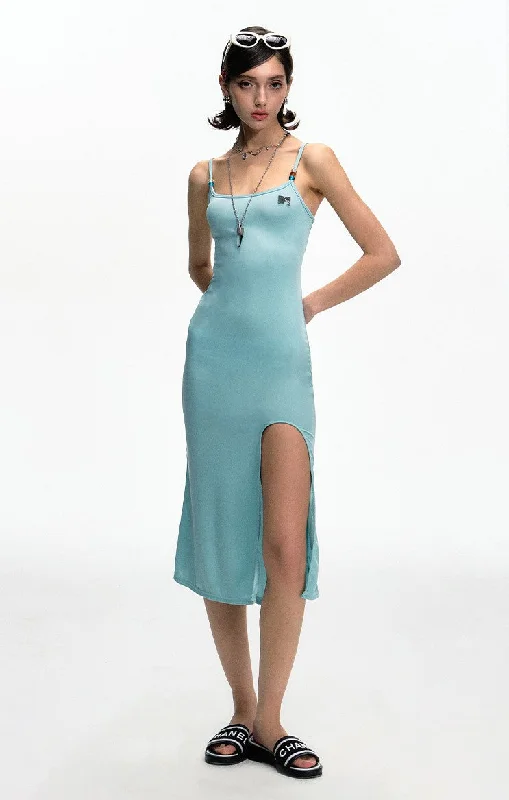 Basic Slim Backless Hem Slit Suspender Dress DPR0051