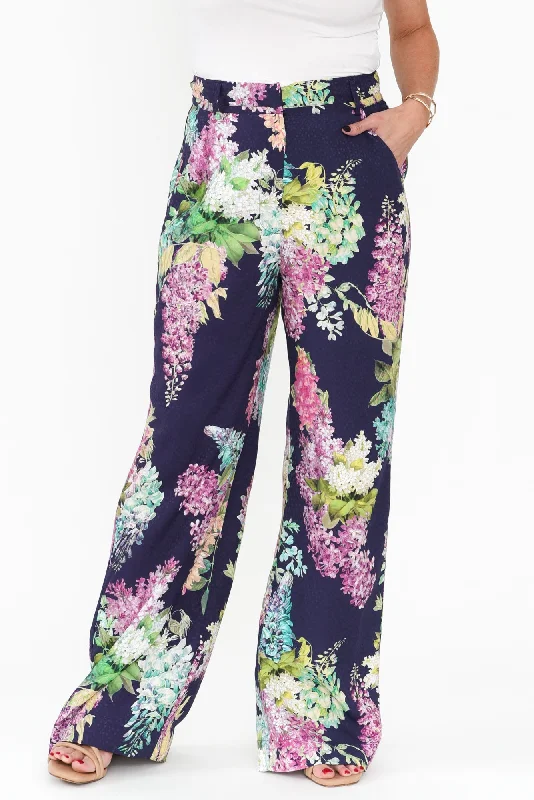 Augustine Navy Wisteria Pocket Pants Comfy Zip-Up Pants