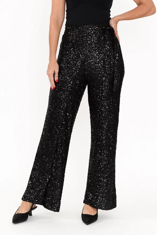 Mae Black Sequin Wrap Pants Trendy Wide-Leg Pants