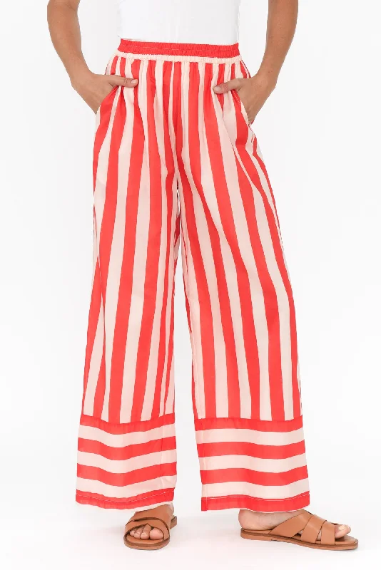 Mariah Red Stripe Cotton Pants Trendy Wide-Leg Pants