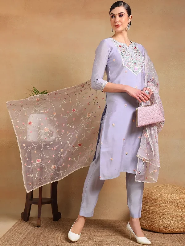 Ahika Women Purple Silk Blend Embroidered Straight Kurta Pant Set With Dupatta-PKSKD2028_XS Casual Drawstring Pants