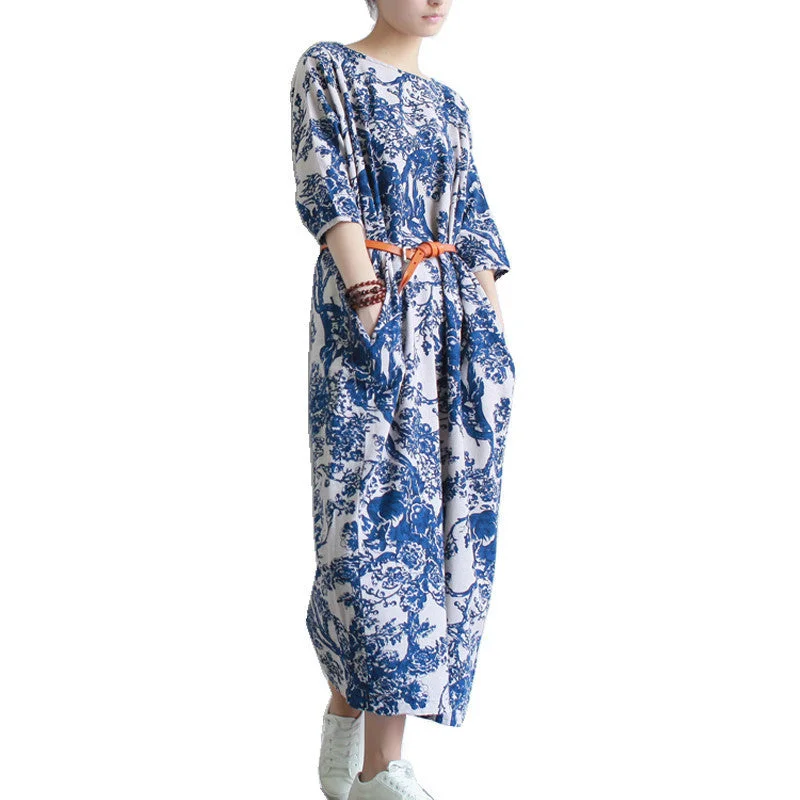 SERENELY Summer Dress Plus Size Women Dress Loose Casual Dresses Vintage Printed Linen Dress Party Dresses D04 Tunics Essential wardrobe