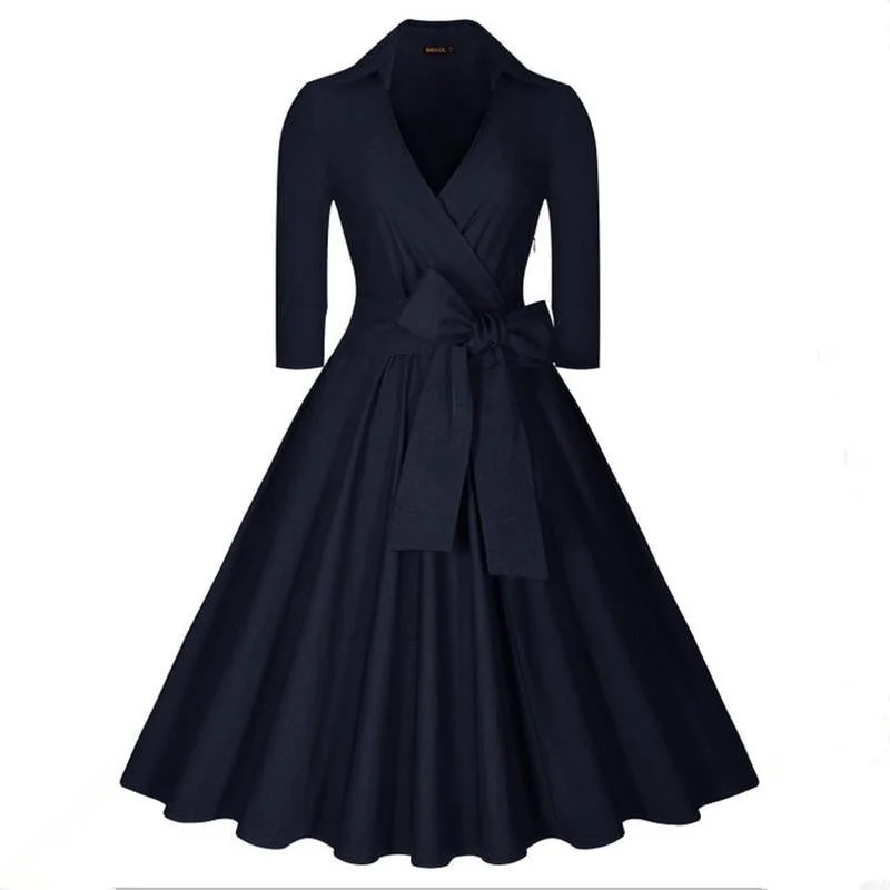 Vintage Hepburn Dress Female V-neck Solid 3/4 Sleeve Solid Ball gown Dress Women Casual Party Dresses size S M L XL XXL Pleated Skirt Elegant