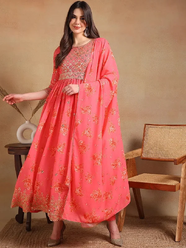 Ahika Women Pink Georgette Embroidered Anarkali Kurta Pant Set With Dupatta-PKSKD2185A_S Classic Cropped Pants