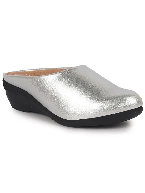 Women Silver Shimmery Platform Wedge Heel Back Open Slip On Shoes for Party|Formal Dress Ballerina|Lightweight All Day Formal Shoes Tunics Office stylish