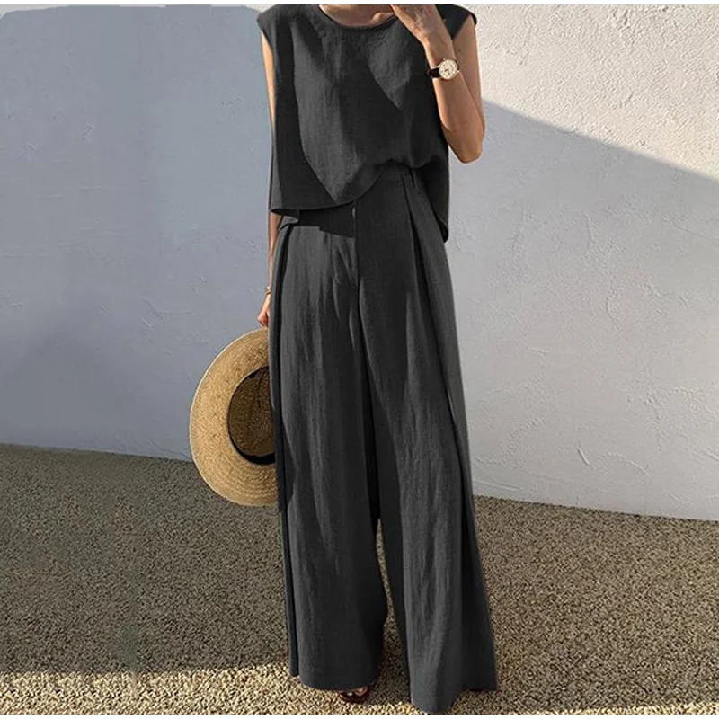 Summer Women Fashion Solid Color Sleeveless Elegant Top Loose Two-Piece Pants Sets Soft Stretch Trousers