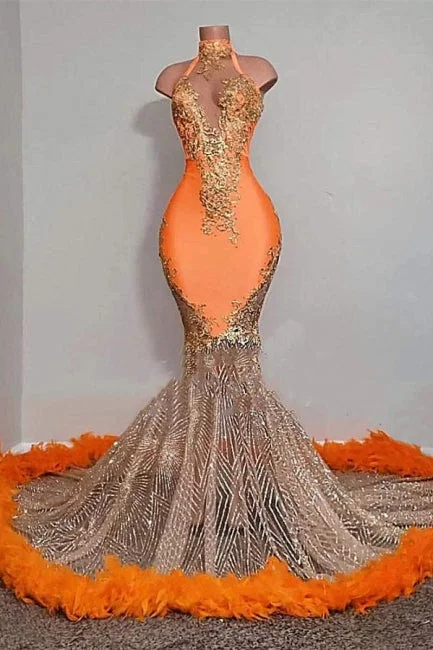 Charming Long Orange Halter Sleeveless Floor-Length Beading Mermaid Prom Dresses