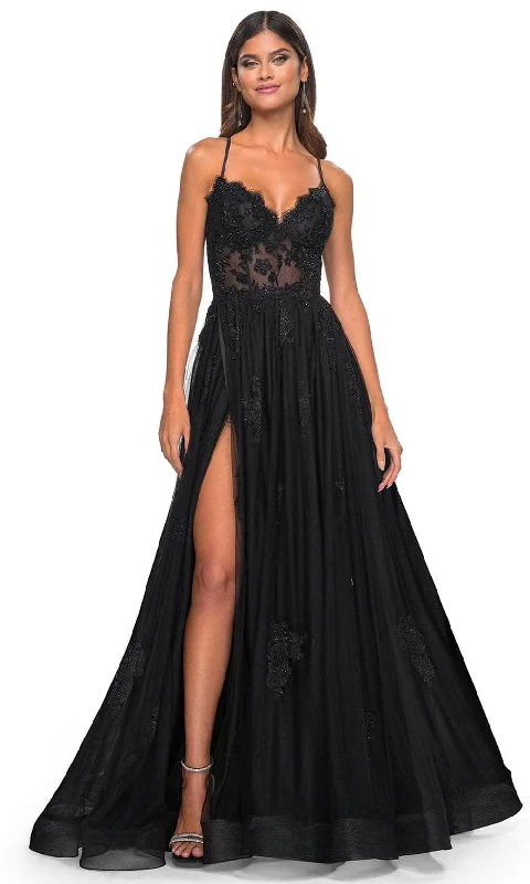 La Femme 32028 - High Slit Lace Prom Dress Tunics Practical easy-care