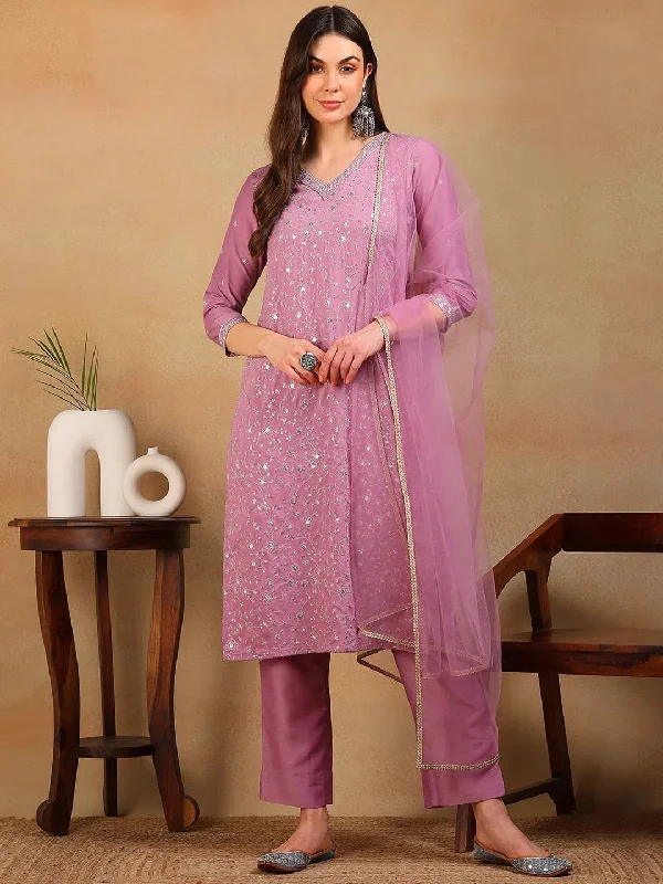 Ahika Women Lavender Silk Blend Embroidered Straight Kurta Pant Set With Dupatta-PKSKD2310_XS Classic Stretch Pants