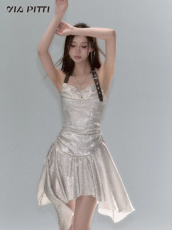 Belt Halter Neck Waist Gathered Glossy Dress VIA0103