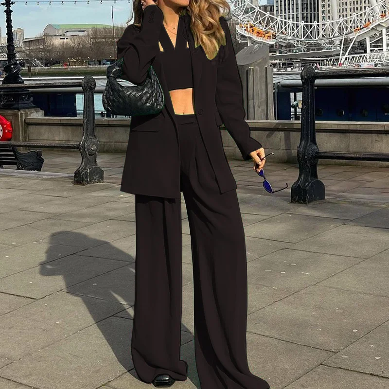 Women Fashion Elegant Long-Sleeved Solid Color Blazer Loose Pants Office Chic Set Stylish Casual Pants