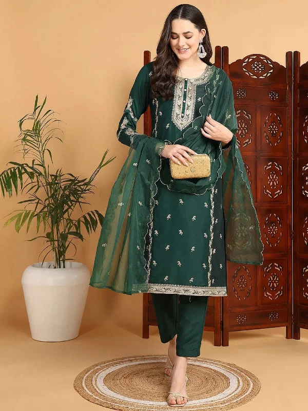 Ahika Women Green Silk Blend Embroidered Straight Kurta Pant Set With Dupatta-PKSKD2197_S Comfortable Fleece Pants
