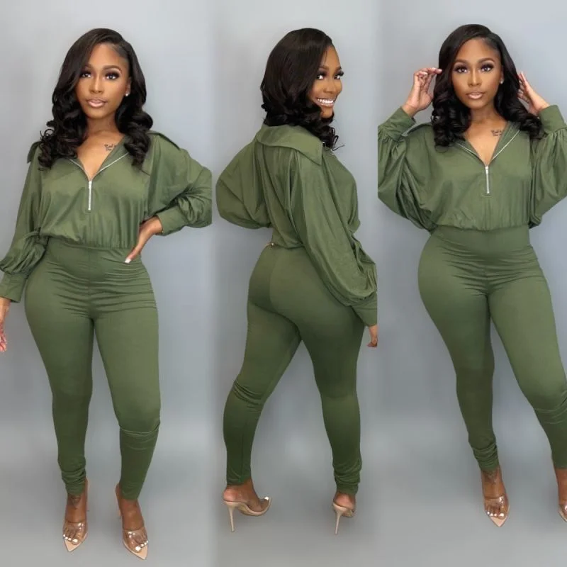 Women Solid Color Zipper Long Sleeve Loose Top And High Waist Slim Pants Fashion Two-Piece Set Slim-Fit Leggings
